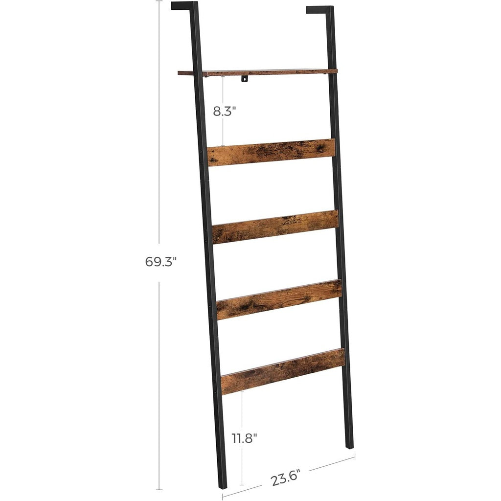 VASAGLE Blanket Ladder Wall-Leaning Rack with Storage Shelf Rustic Brown and Black