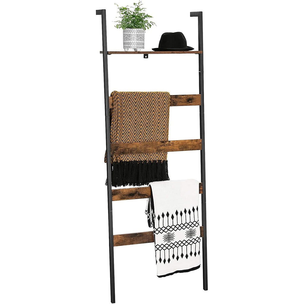 VASAGLE Blanket Ladder Wall-Leaning Rack with Storage Shelf Rustic Brown and Black