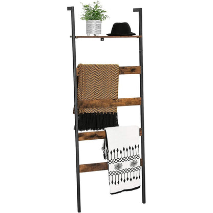 VASAGLE Blanket Ladder Wall-Leaning Rack with Storage Shelf Rustic Brown and Black