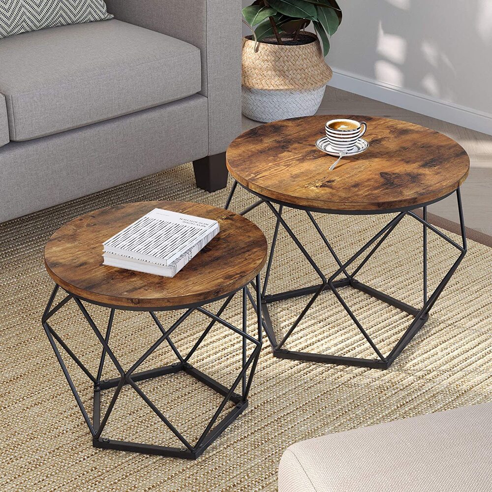 VASAGLE Coffee Tables Set of 2 Side Tables Robust Steel Frame for Living Room Bedroom Rustic Brown and Black