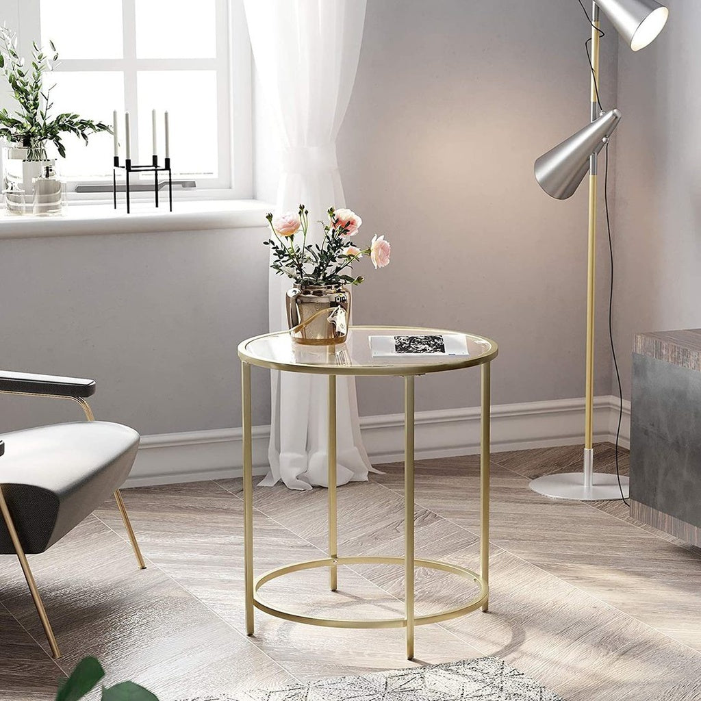 VASAGLE Round Side Table Tempered Glass End Table With Golden Metal Frame Small Coffee Table Gold