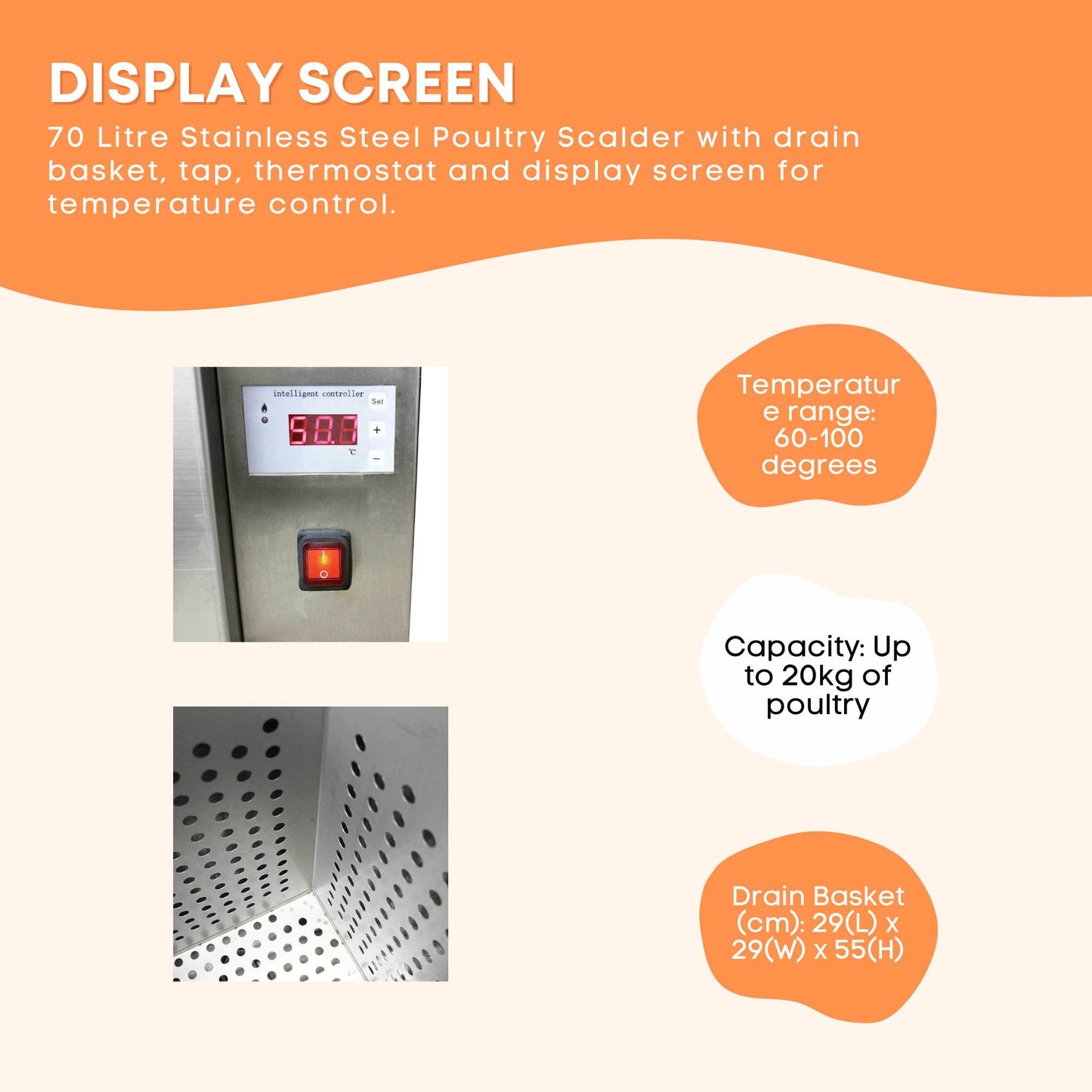 70L Electric Chicken Scalder Machine - Stainless Steel Poultry Turkey Scalding