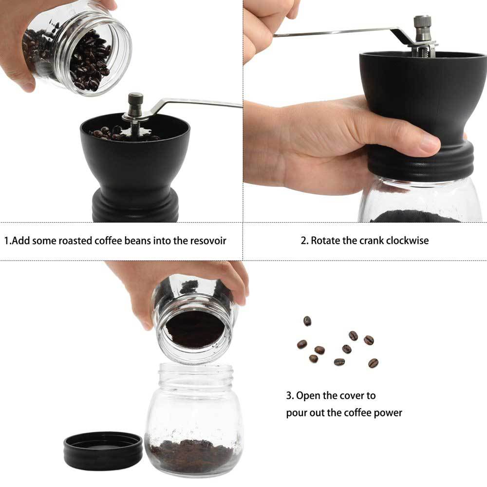 Coffee Bean Grinder - Manual Hand Stainless Ceramic Burr Core Glass Jar Nut Mill