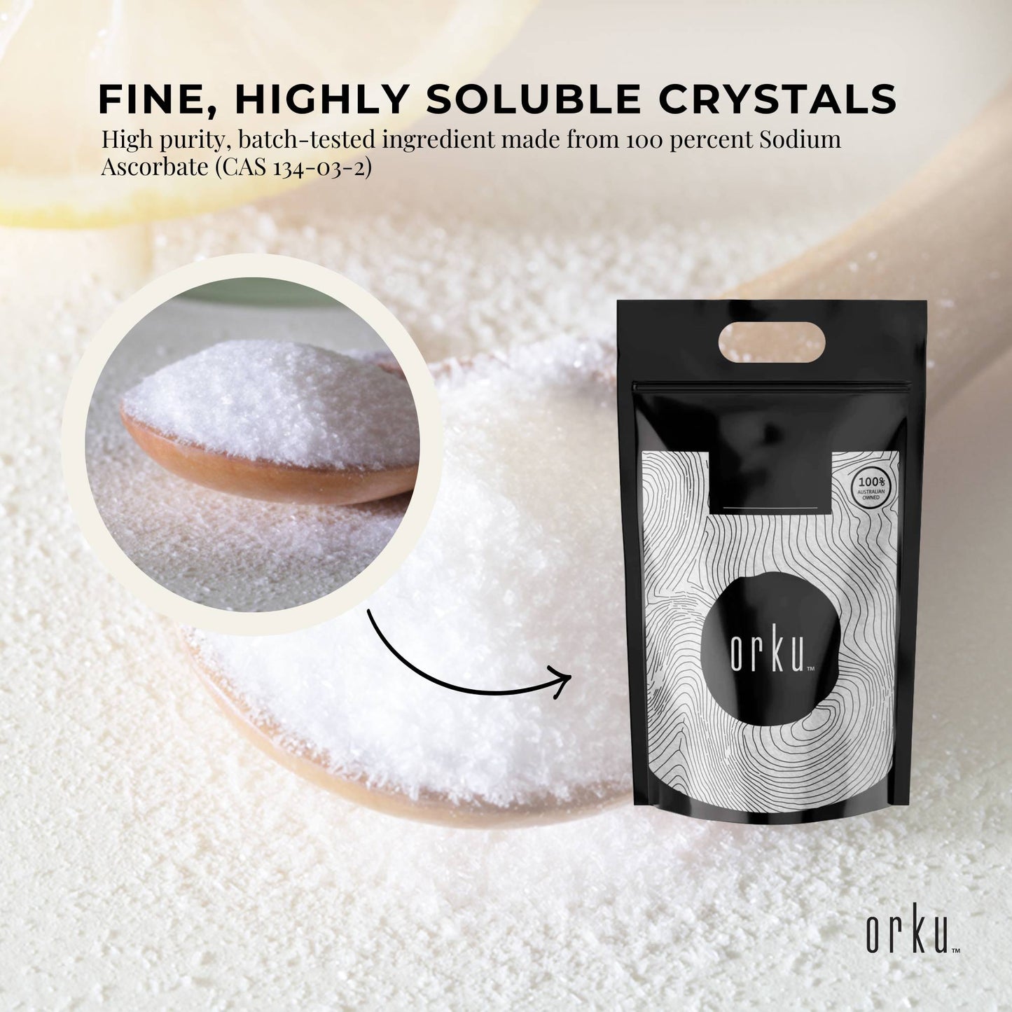 Orku 100g Sodium Ascorbate - High Purity Soluble Crystalline Powder Ingredient