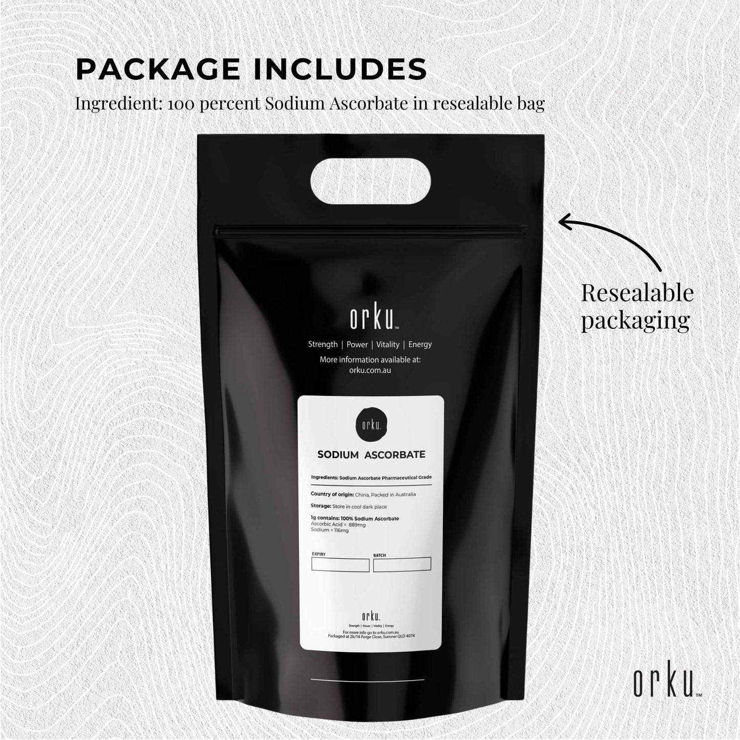 Orku 1Kg Sodium Ascorbate - High Purity Soluble Crystalline Powder Ingredient