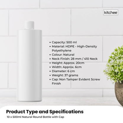 10x 500ml Clear HDPE Round Bottle + 28/410 Caps - Empty Plastic Food Storage