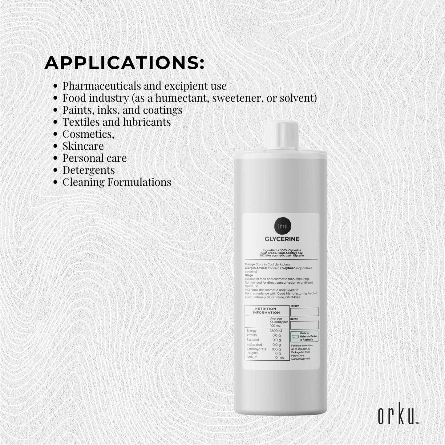 Orku 250ml Glycerine 99.9% Pure USP Food + Cosmetic Grade – Vegetable Glycerol