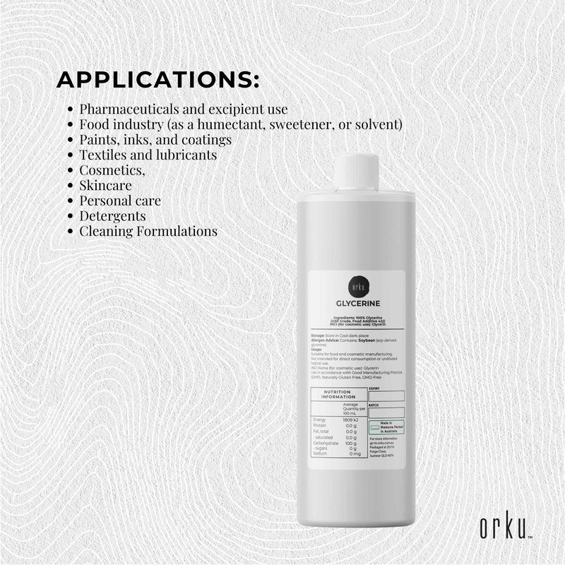 Orku 500ml Glycerine 99.9% Pure USP Food + Cosmetic Grade – Vegetable Glycerol