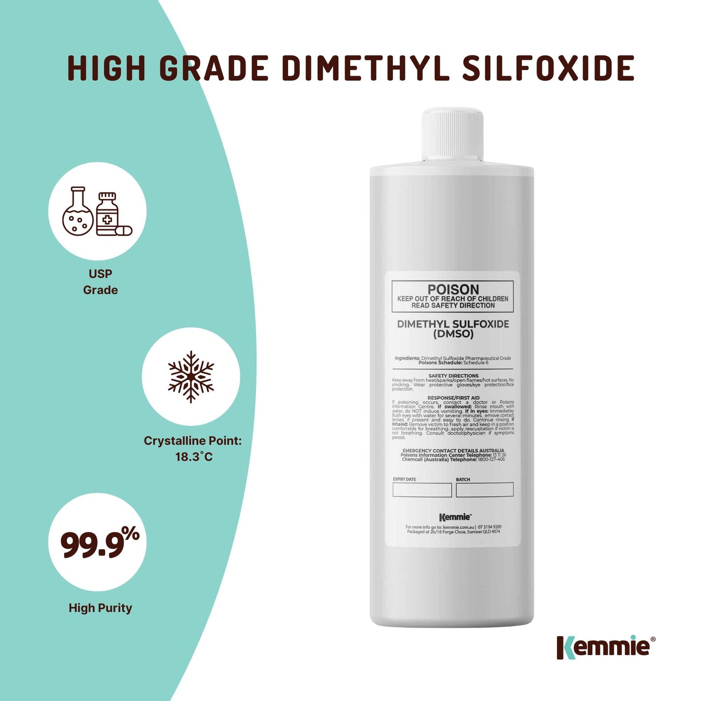 Kemmie 500ml DMSO Liquid 99.9% Pure -  USP Grade Dimethyl Sulfoxide Solvent