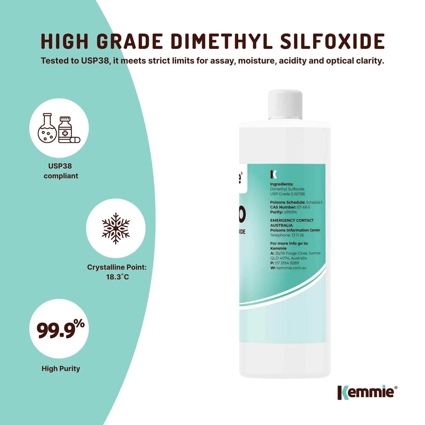 Kemmie 250ml DMSO Liquid 99.9% Pure - USP Grade Dimethyl Sulfoxide Solvent