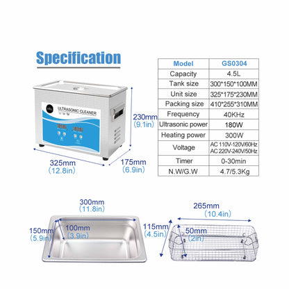 4.5L Digital Ultrasonic Cleaner - Ultra Sonic Bath Jewellery Cleaning