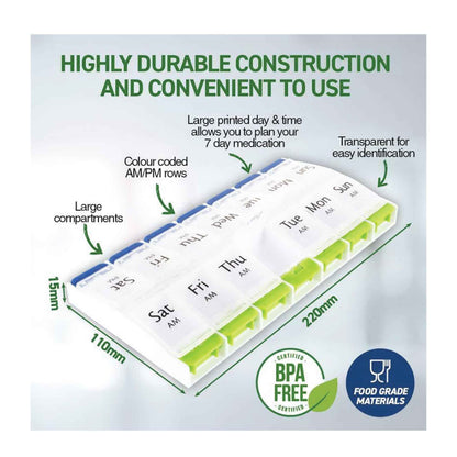 AM/PM Weekly Pill Box 7 Day Tablet Medicine Organiser Holder Case 14 Compartment