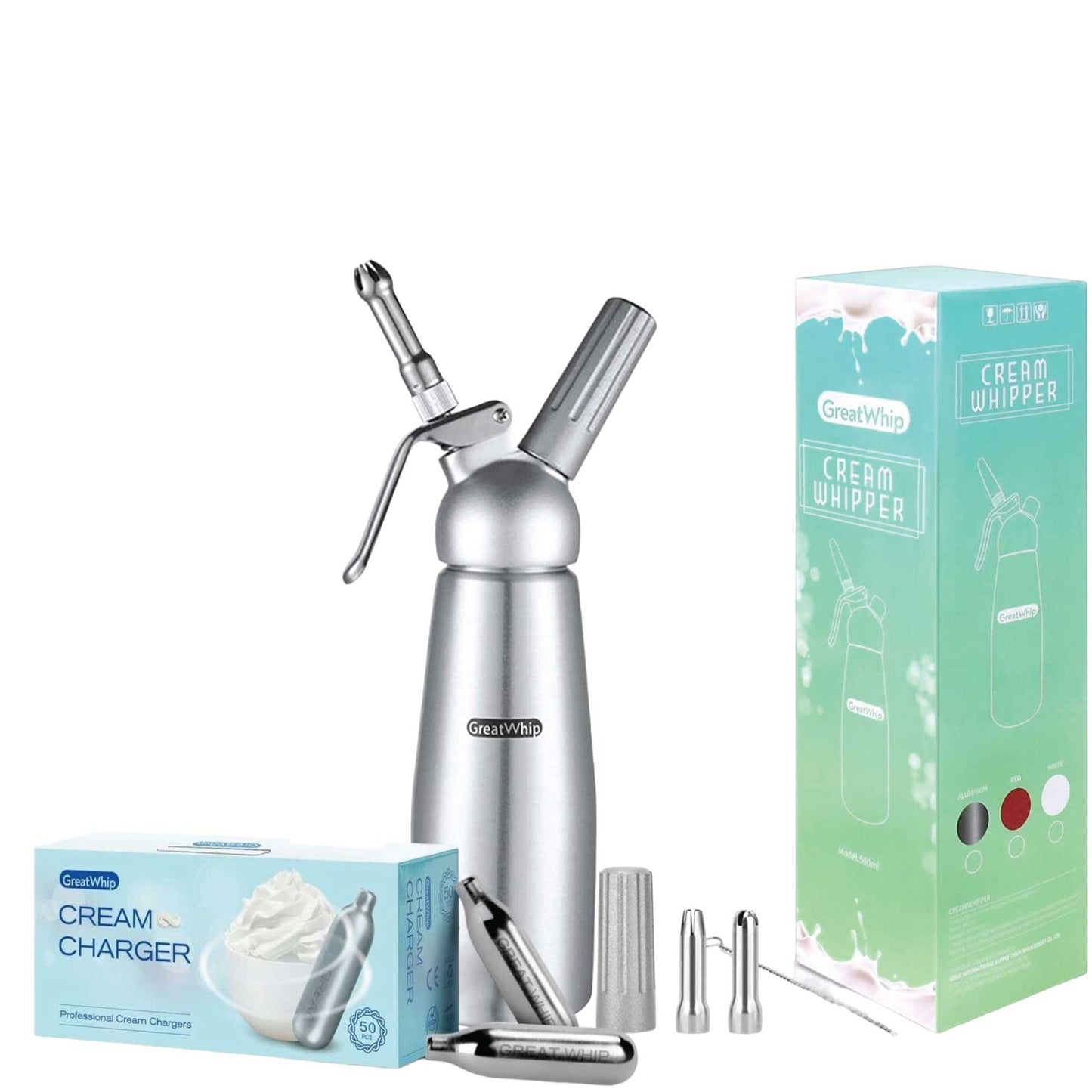 Cream Whipper Dispenser 250ml + 50x NO2 Chargers - Aluminium Canister + Nozzles