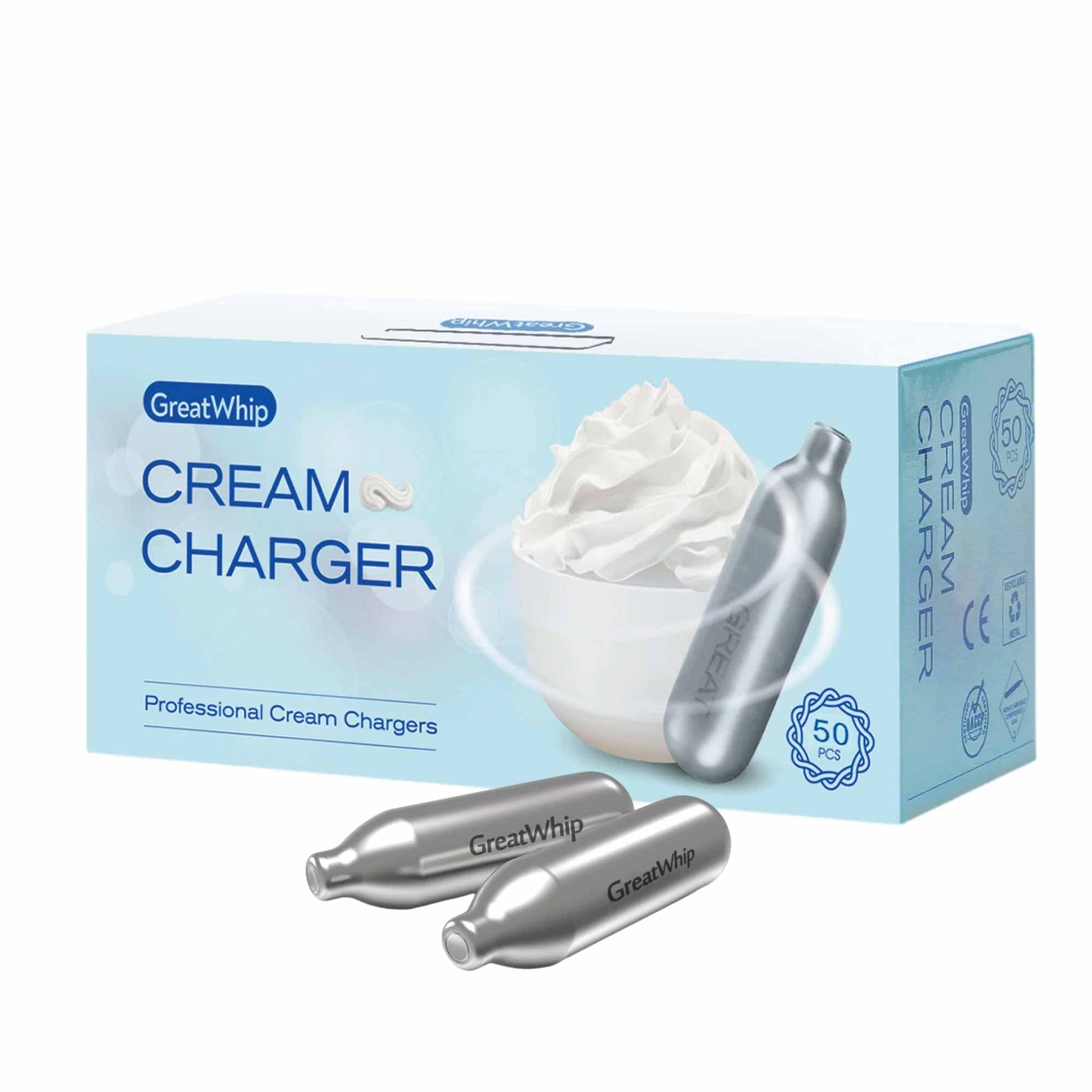 Cream Whipper Dispenser 250ml + 50x NO2 Chargers - Aluminium Canister + Nozzles