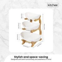 3 Tier Porcelain Fruit Bowl - Ceramic Vegetable Storage With Bamboo Stand