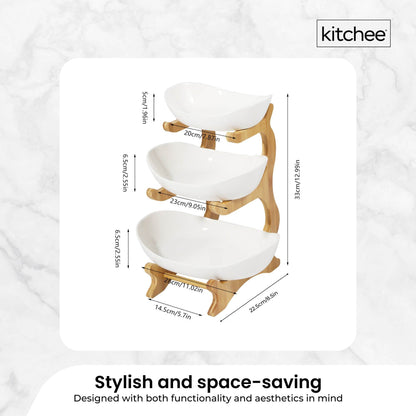 3 Tier Porcelain Fruit Bowl - Ceramic Vegetable Storage With Bamboo Stand