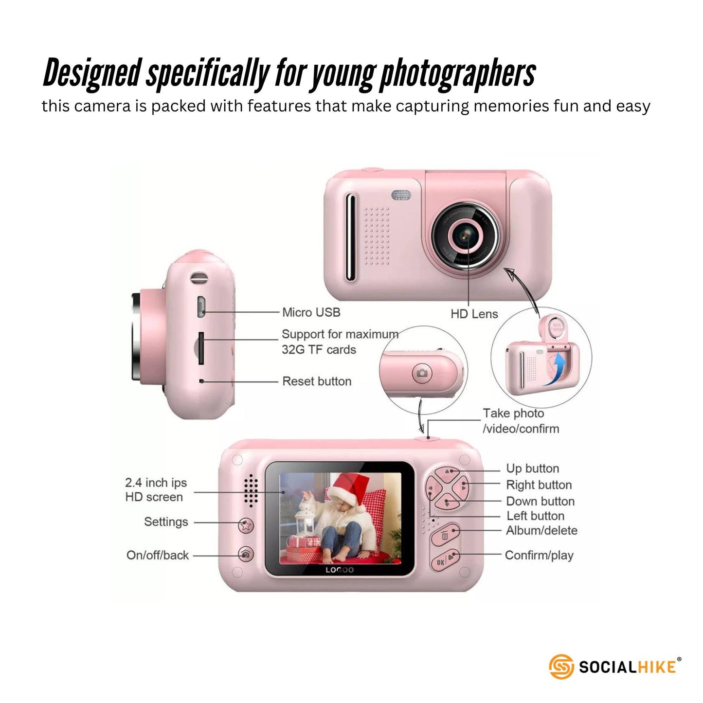 Kids HD Digital Camera Pink - Children's Selfie Photo Video 2.4 Inch Screen