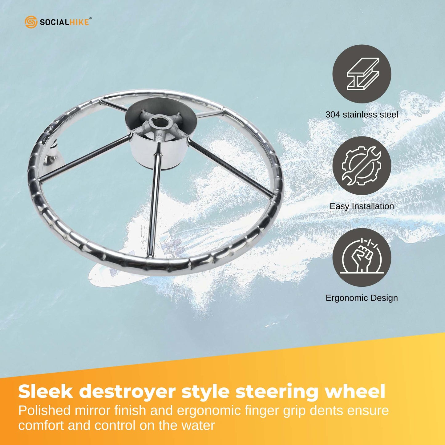 13.5" Boat Stainless Steel Steering Wheel - 5 Spoke with Knob For 3/4" Shaft