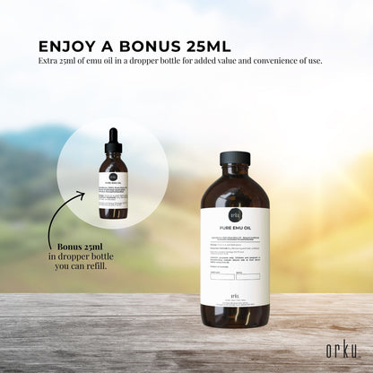 Orku 500ml Pure Emu Oil + Bonus 25ml Bottle - Australian Dromaius Novaehollandiae