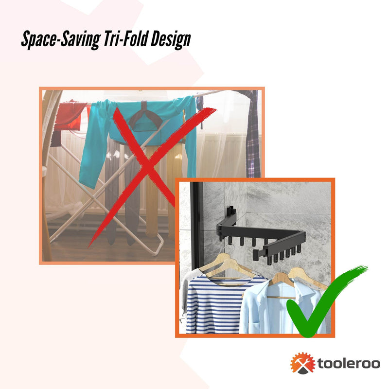 Tooleroo Clothes Drying Rack Tri-Fold Wall-Mount Space-Saving Laundry Hanger