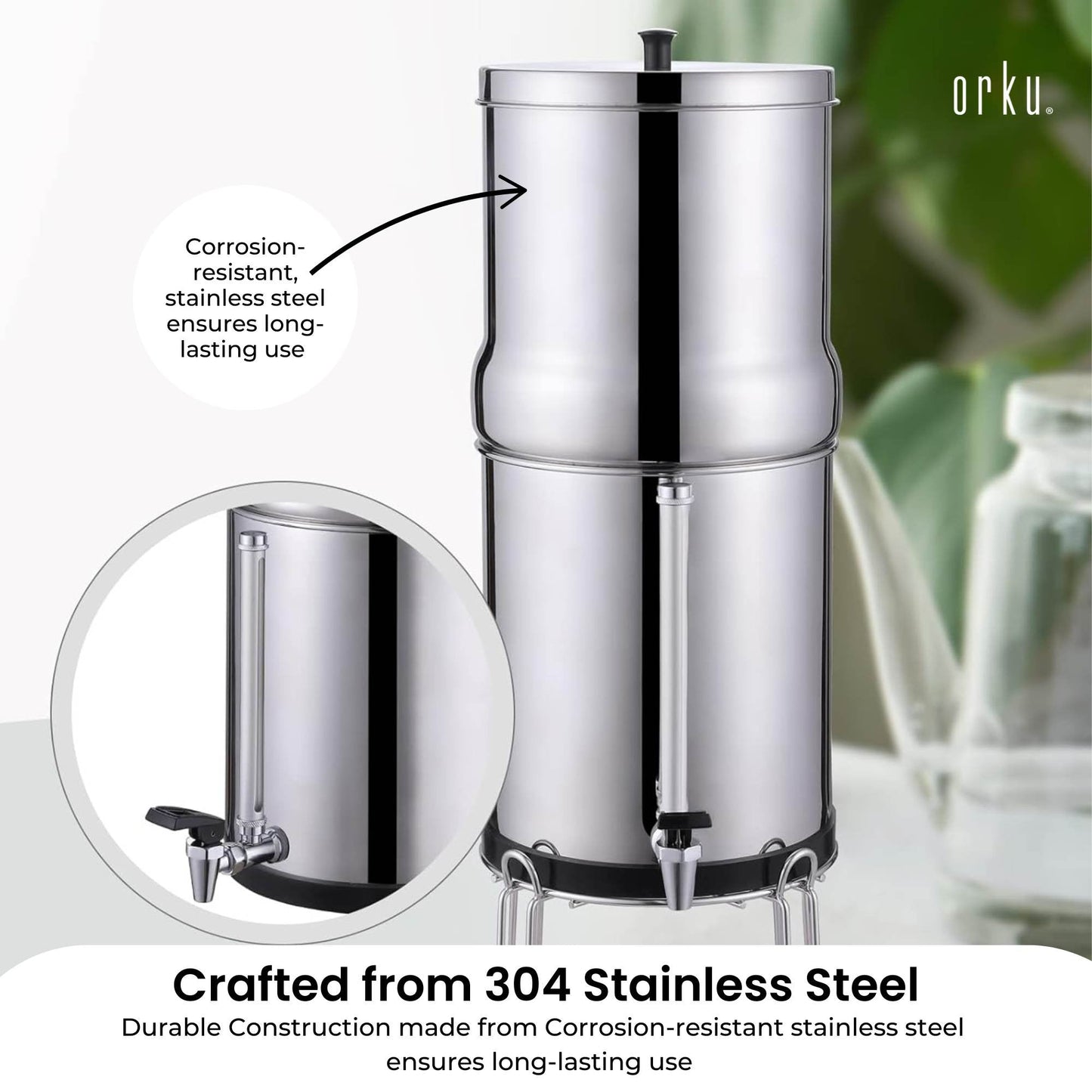 Orku 11L Gravity Benchtop Water Filter + Gauge-Stainless Steel Fluoride Removal