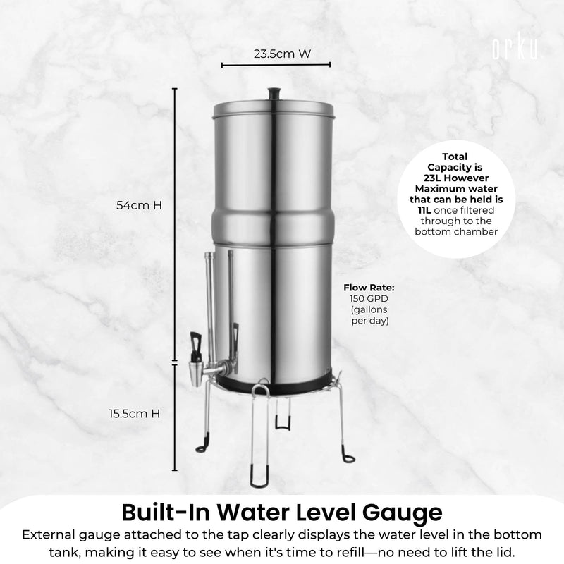 Orku 11L Gravity Benchtop Water Filter + Gauge-Stainless Steel Fluoride Removal