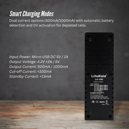 LiitoKala Lii-100 Smart Battery Charger - USB Output for 18650 AA AAA Li-ion NiMH