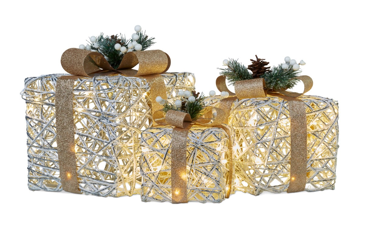 Swishmas 3 Piece Christmas Present Display Set With Lights & Gold Bows