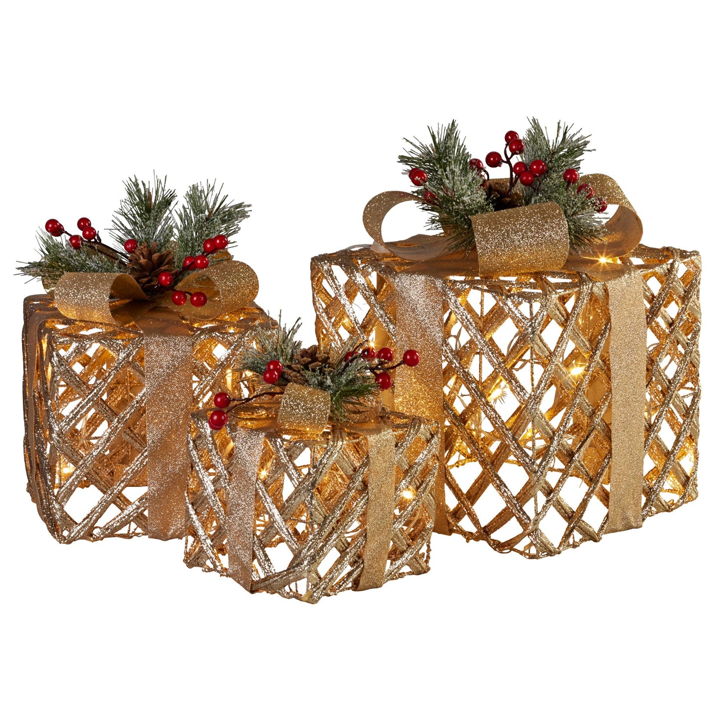 Swishmas Set of 3 Christmas Gift Boxes Display With Lights in Champagne and Gold