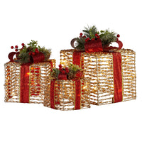 Christabelle Set Of 3 Christmas Gift Boxes With Lights - Champagne With Red Bows