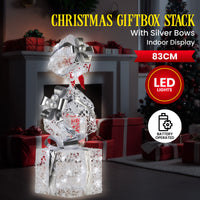 Christabelle 83cm Triple Christmas Silver Giftbox Stack Display with Lights
