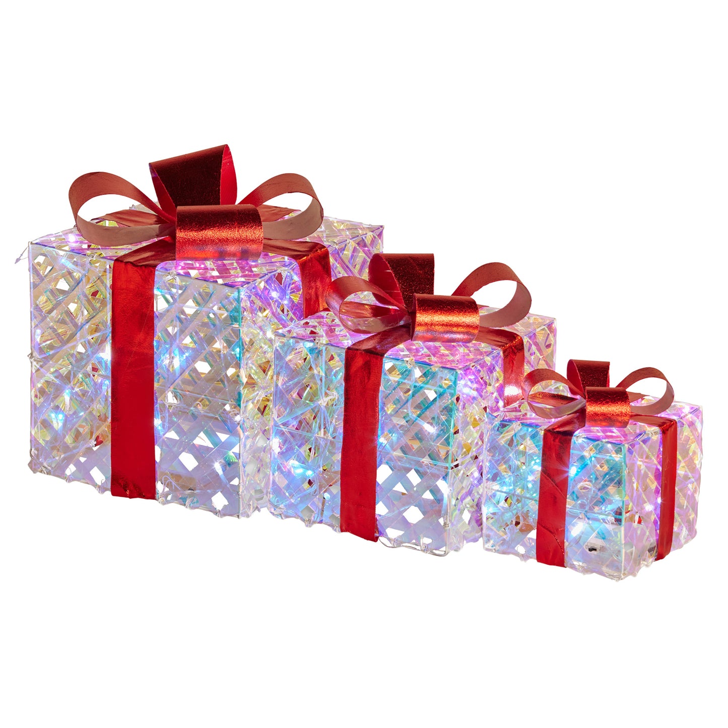 Swishmas Set of 3 Christmas Gift Boxes With Lights - Clear Shimmer With Red Bows