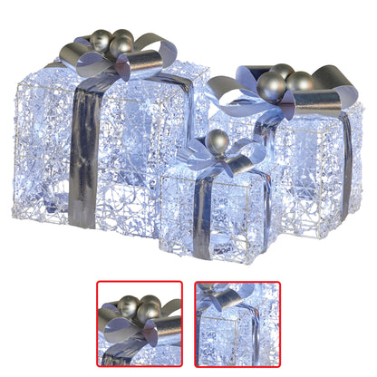 Swishmas Set Of 3 Christmas Gift Boxes With Lights With Jewelled Wire And Silver Bows