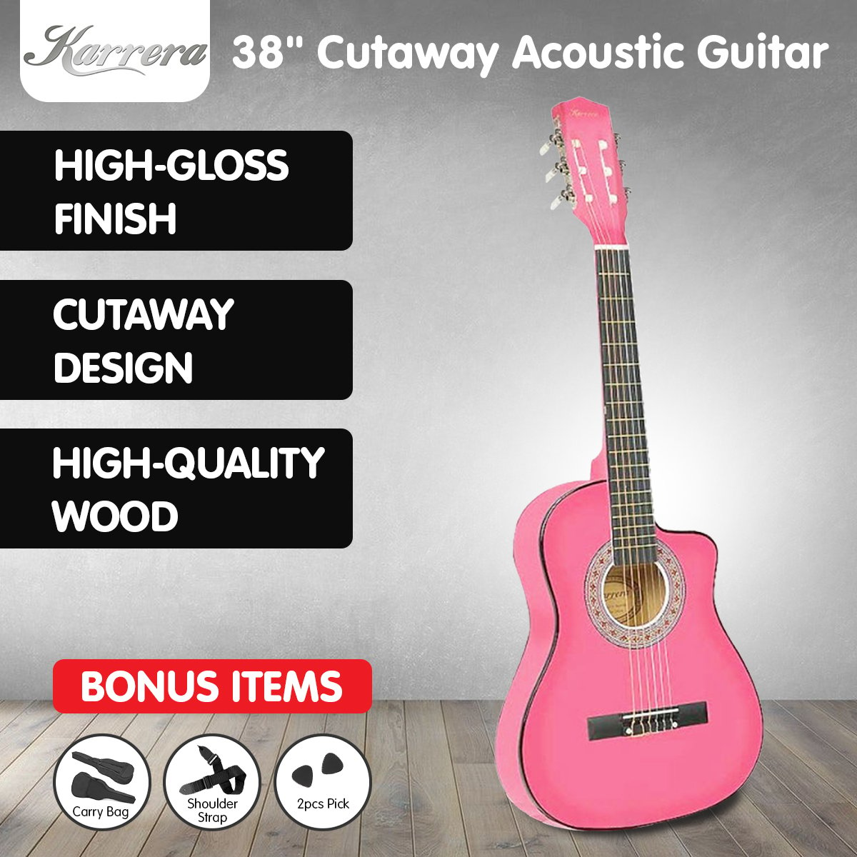 Karrera 38in Cutaway Acoustic Guitar with guitar bag - Pink