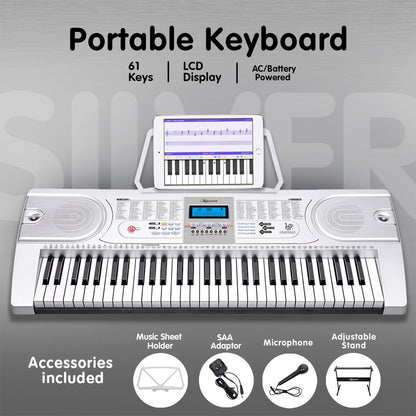 Karrera 61 Keys Electronic Keyboard Teaching Piano with Electric Stand in Silver CHJ-61