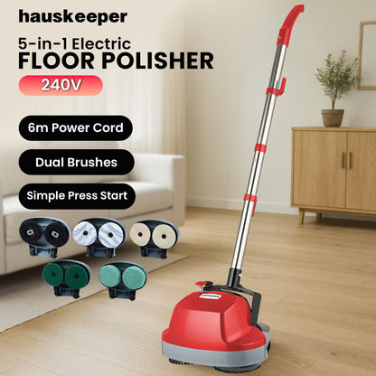 Klika Hauskeeper 5 in 1 Electric 240V Floor Polisher w/ 6M Power Cable Timber Hard Waxer Buffer Cleaner Red