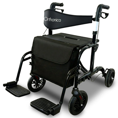 Orthonica Aluminium 2-in-1 Rollator Wheelchair with Foldable Frame – Black & Silver