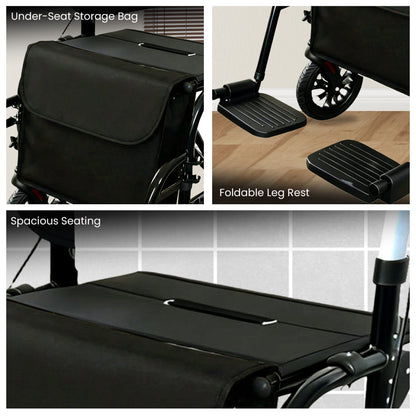 Orthonica Aluminium 2-in-1 Rollator Wheelchair with Foldable Frame – Black & Silver
