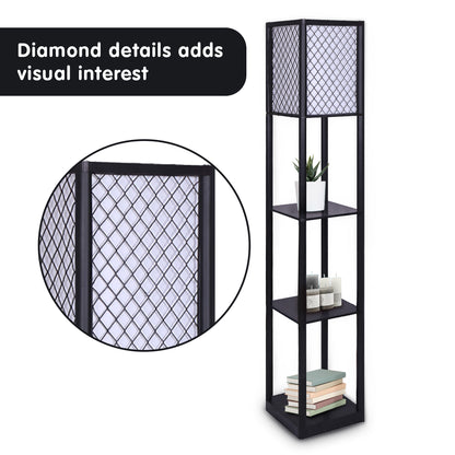 Sarantino Etagere Floor Lamp Diamond Look Fabric Shade Shelves Black