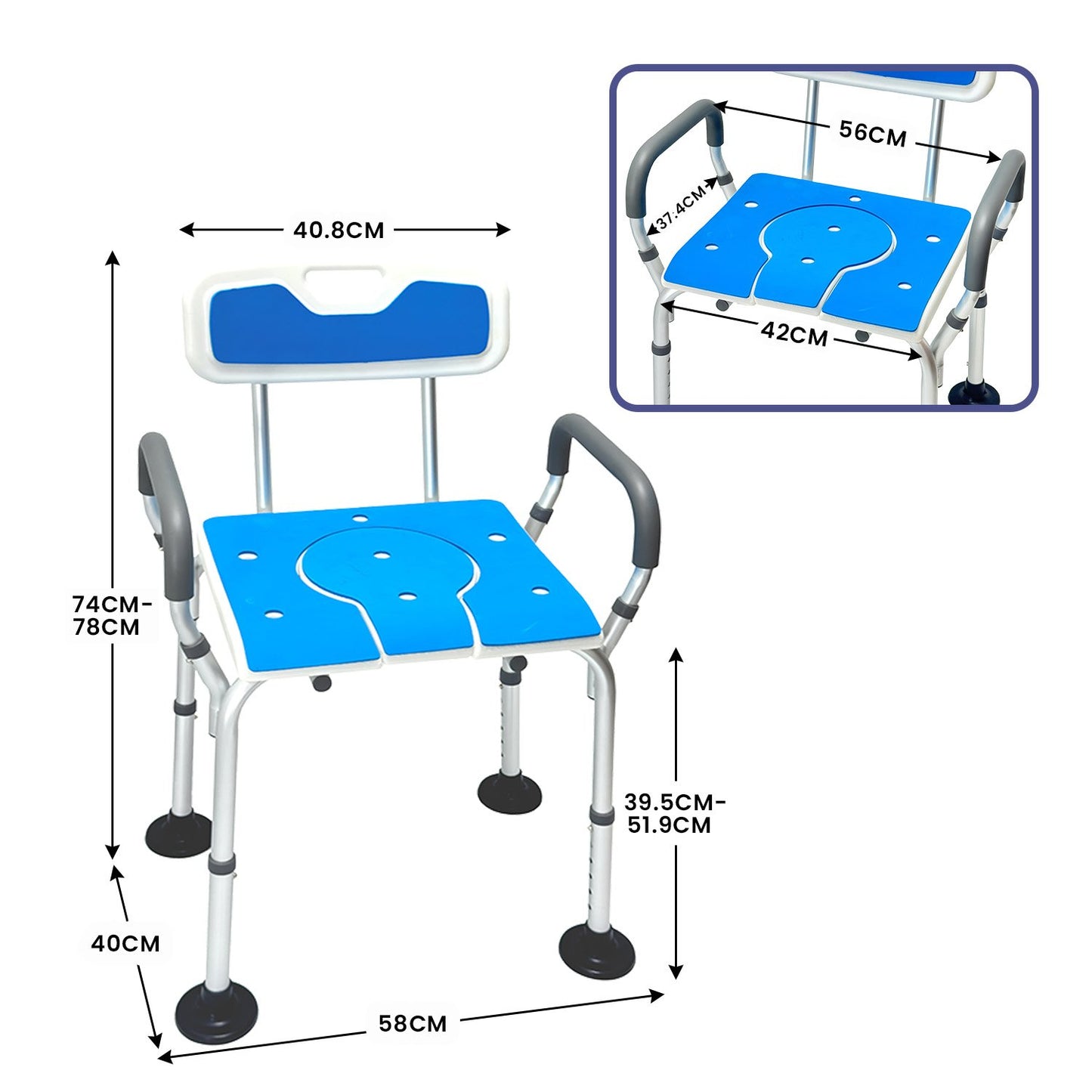 Orthonica Height-Adjustable Aluminium Commode Shower Chair with Armrests Backrest Armrests Soft Stool Seat Aid