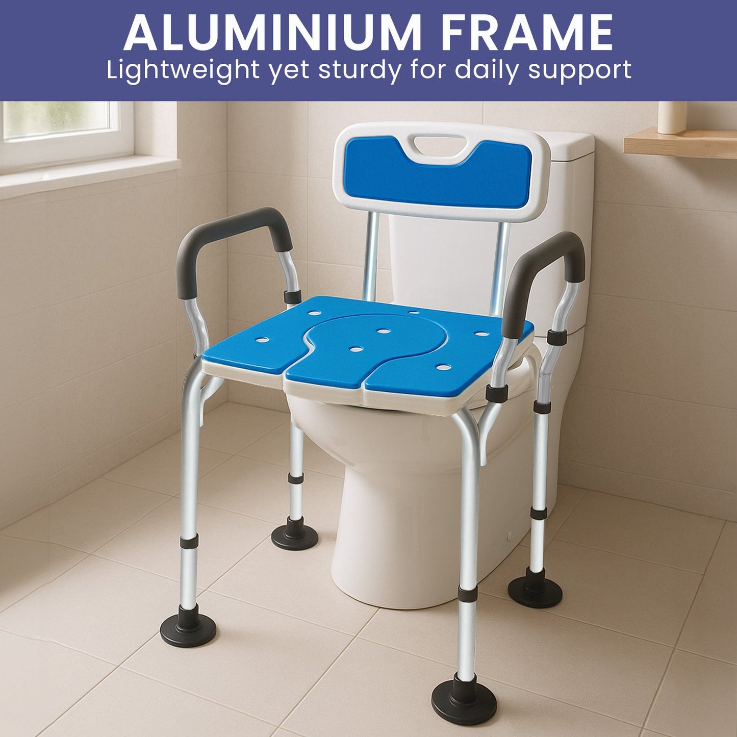 Orthonica Height-Adjustable Aluminium Commode Shower Chair with Armrests Backrest Armrests Soft Stool Seat Aid