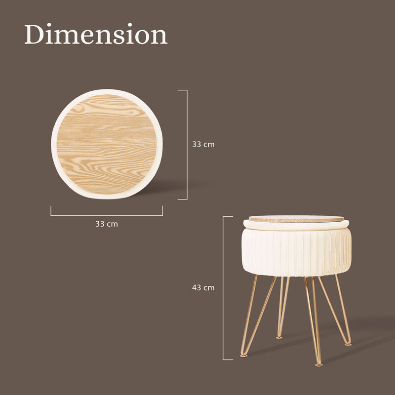 Side Table Storage Ottoman - Velvet Padded Stool Vanity Footstool REMY CREAM BEIGE