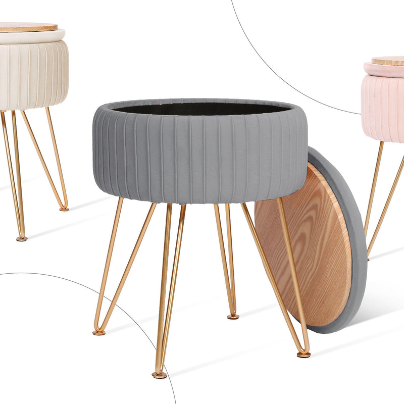 Side Table Storage Ottoman - Velvet Padded Stool Vanity Footstool REMY GREY