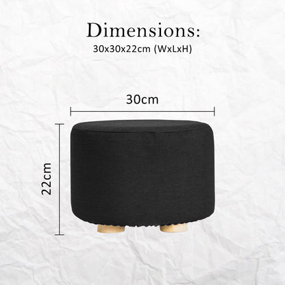 Fabric Ottoman Round Wooden Leg Foot Stool - BLACK