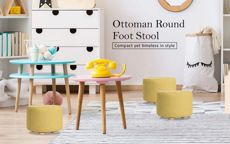 2X Fabric Ottoman Round Wooden Leg Foot Stool - Mustard Yellow