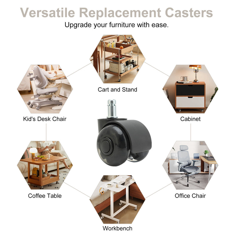 5X 2'' Twin Wheel Office Chair Casters - Slient Smooth, 11x22mm Stem