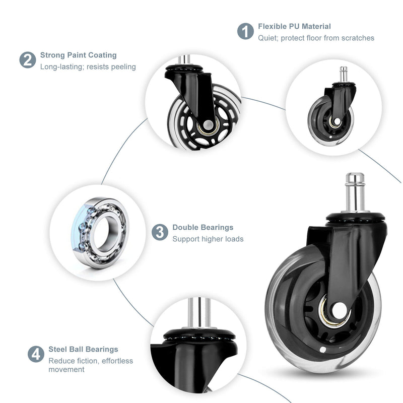 5X 3'' Rollerblade Style Wheels Office Chair Casters - Slient Smooth, 11x22mm Stem