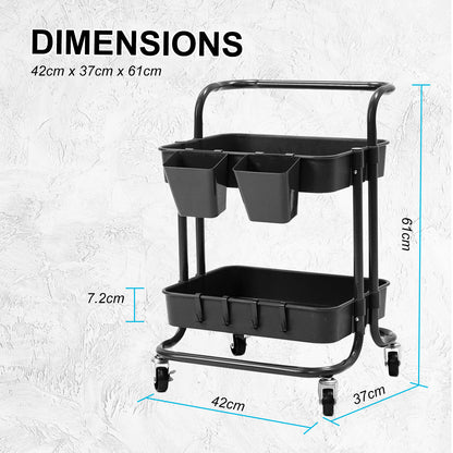 Trolley Cart Storage Utility Rack Shelf Organiser Swivel Kitchen 2 Tier BLACK