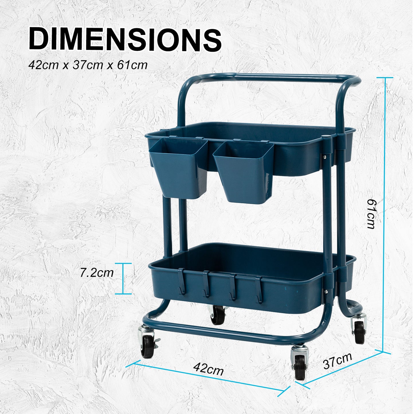 Trolley Cart Storage Utility Rack Shelf Organiser Swivel Kitchen 2 Tier BLUE