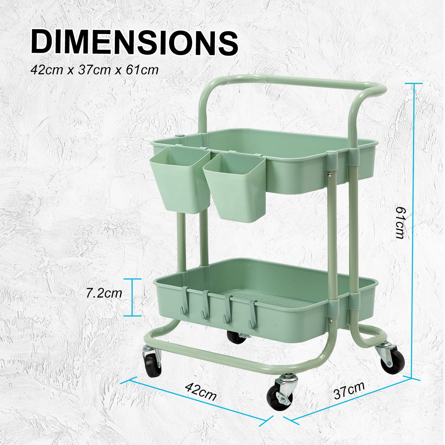 Trolley Cart Storage Utility Rack Shelf Organiser Swivel Kitchen 2 Tier GREEN